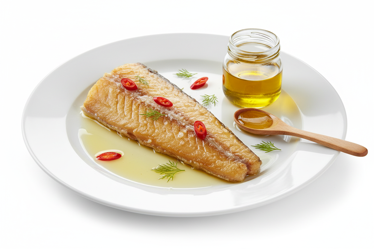 فيليه سمك الفسيخ في زيت بخلفية بيضاء